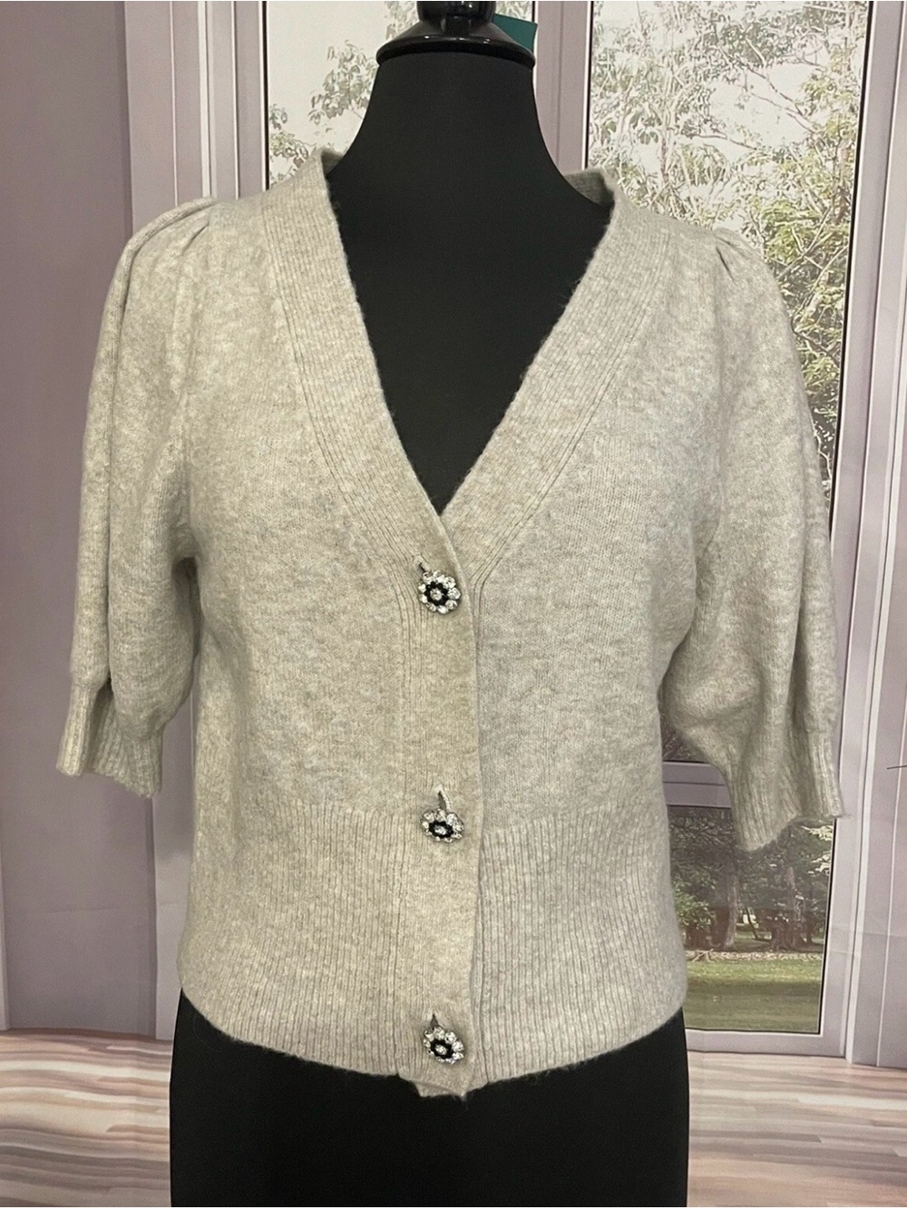 H&M Women's Light Gray V-Neck Short Sleeve Cardigan Sweater